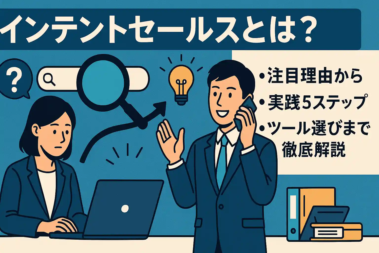 意図シグナルとターゲット企業を示すUIを前景に、効率化を象徴するチェックリストのイメージ。インテントセールス入門記事のトップ画像。